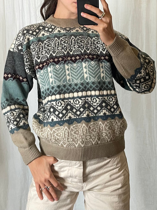 Vintage Wool Blend Pattern Knitted Crew Neck Sweater S