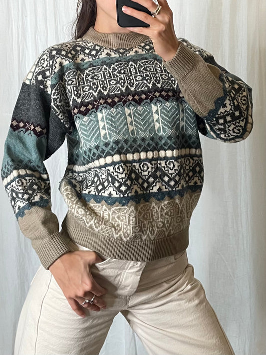 Vintage Wool Blend Pattern Knitted Crew Neck Sweater S