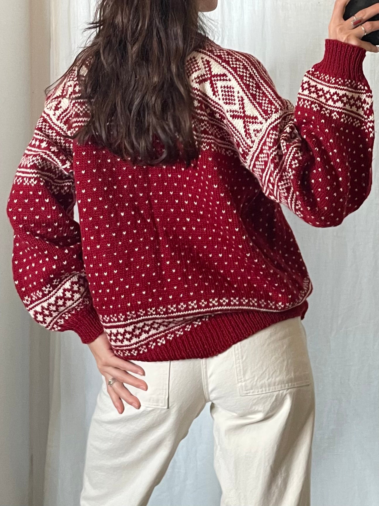 Vintage Wool Red Knitted Pattern Cardigan Sweater M