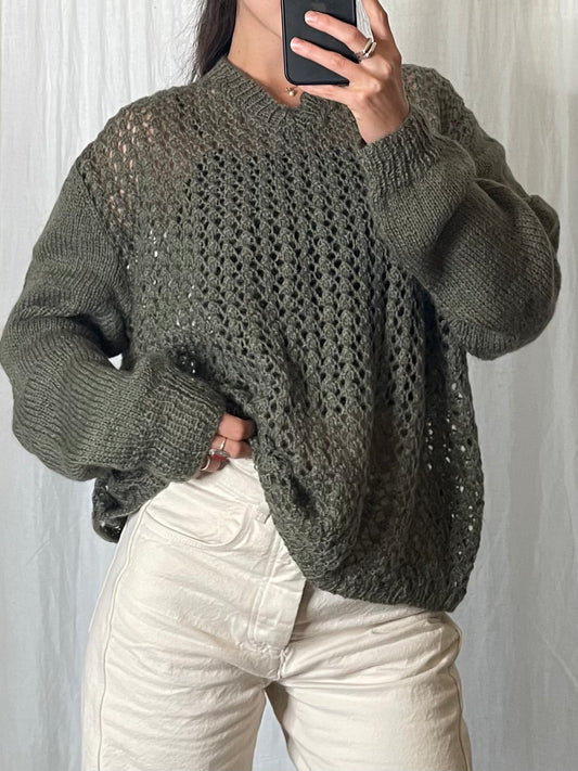 Vintage Dark Olive Wool/Mohair Blend See Through Sweater M