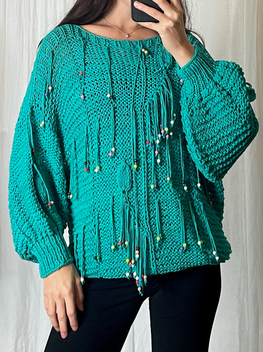 Vintage Cotton Teal Beaded Tassel Pullover M