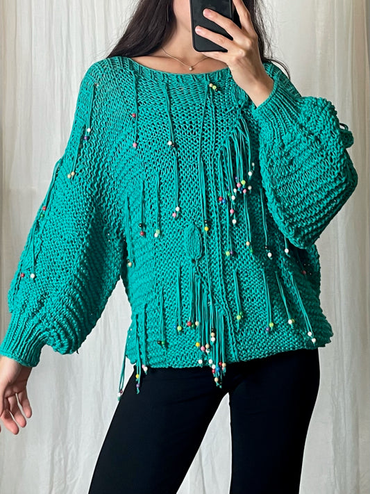 Vintage Cotton Teal Beaded Tassel Pullover M