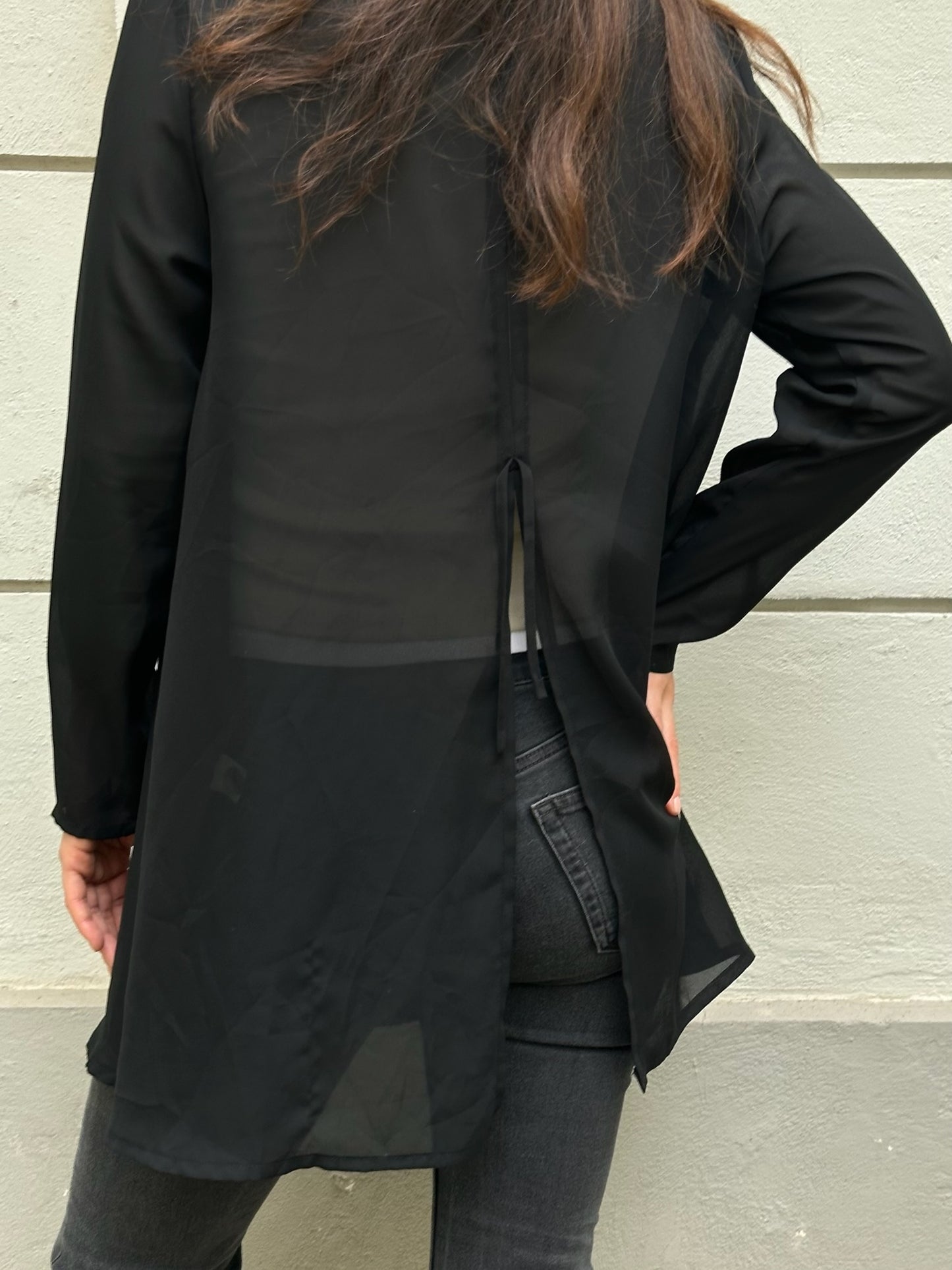 Vintage Black Sheer 3 Button Open Back Blouse M