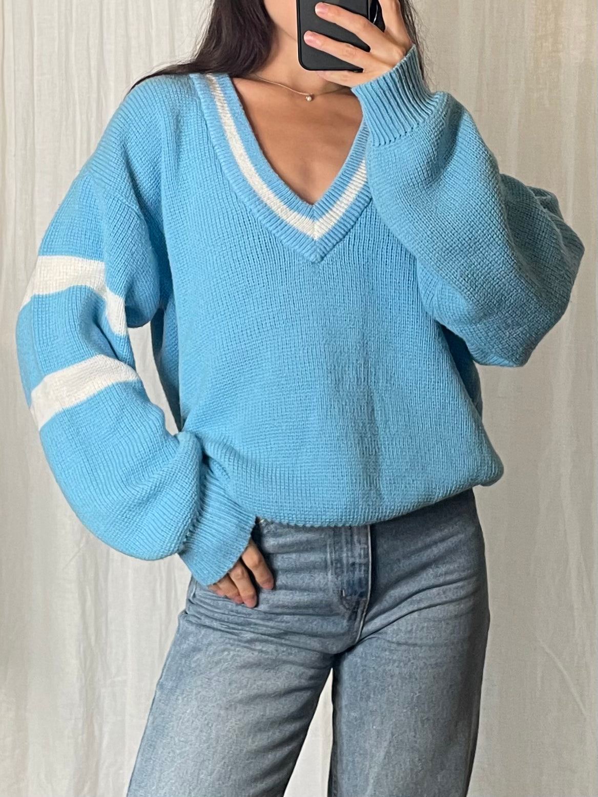 Vintage Sky Blue & White Deep V-Neck Sweater M