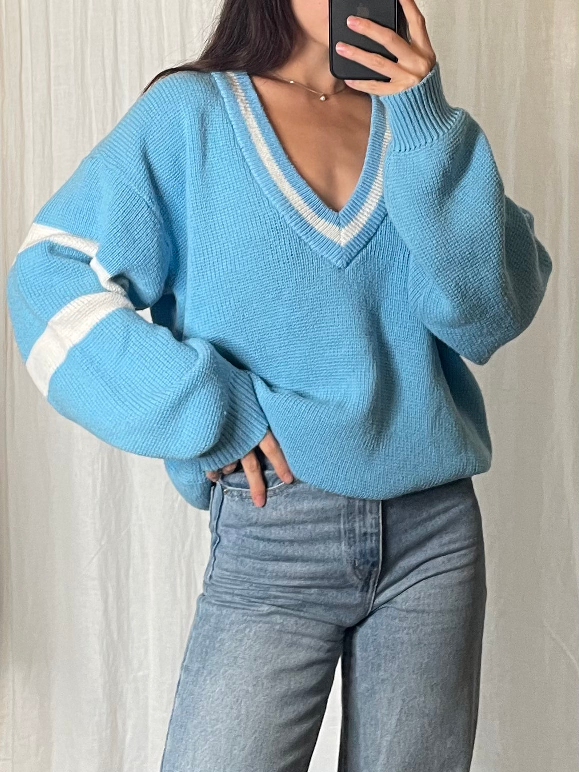 Vintage Sky Blue & White Deep V-Neck Sweater M