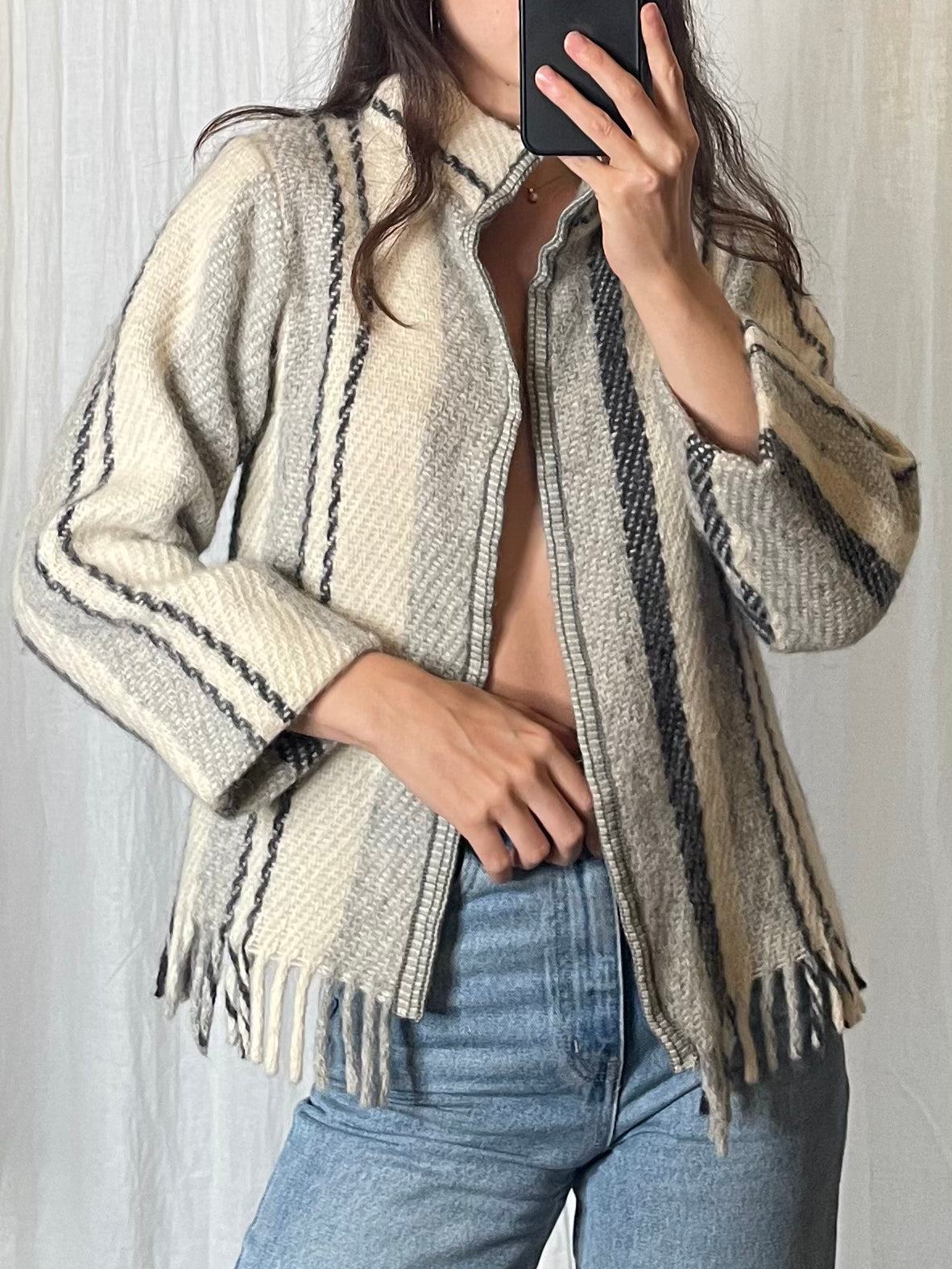 Vintage Stripe Wool Fringe Hem Jacket S