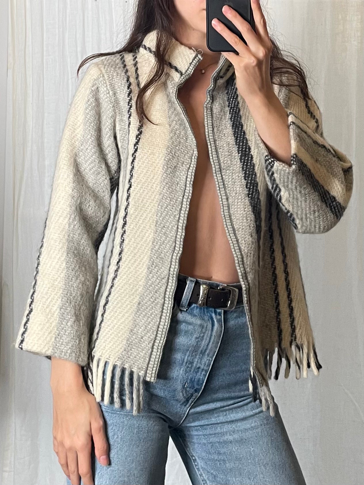 Vintage Stripe Wool Fringe Hem Jacket S