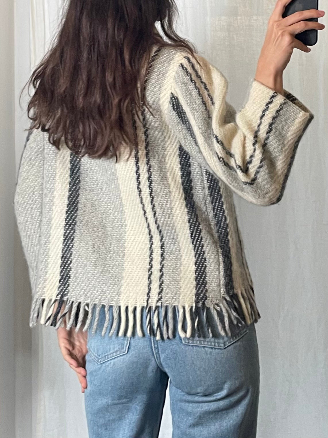 Vintage Stripe Wool Fringe Hem Jacket S