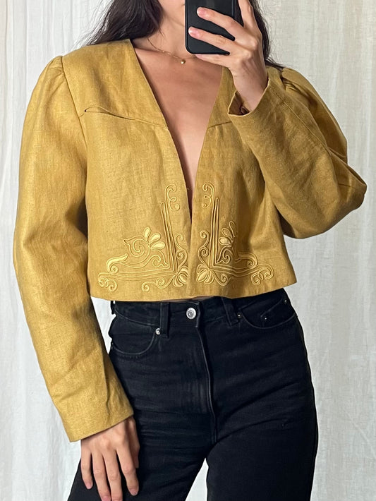 Vintage 100% Linen Mustard Yellow Puff Sleeve Cropped Jacket M