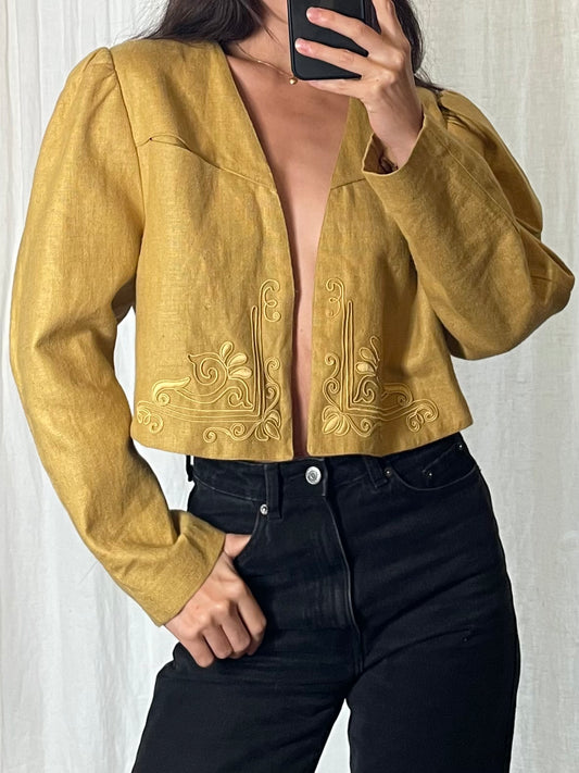 Vintage 100% Linen Mustard Yellow Puff Sleeve Cropped Jacket M