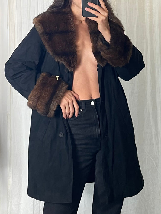 Vintage 100% Wool Black & Brown Faux Fur Coat M