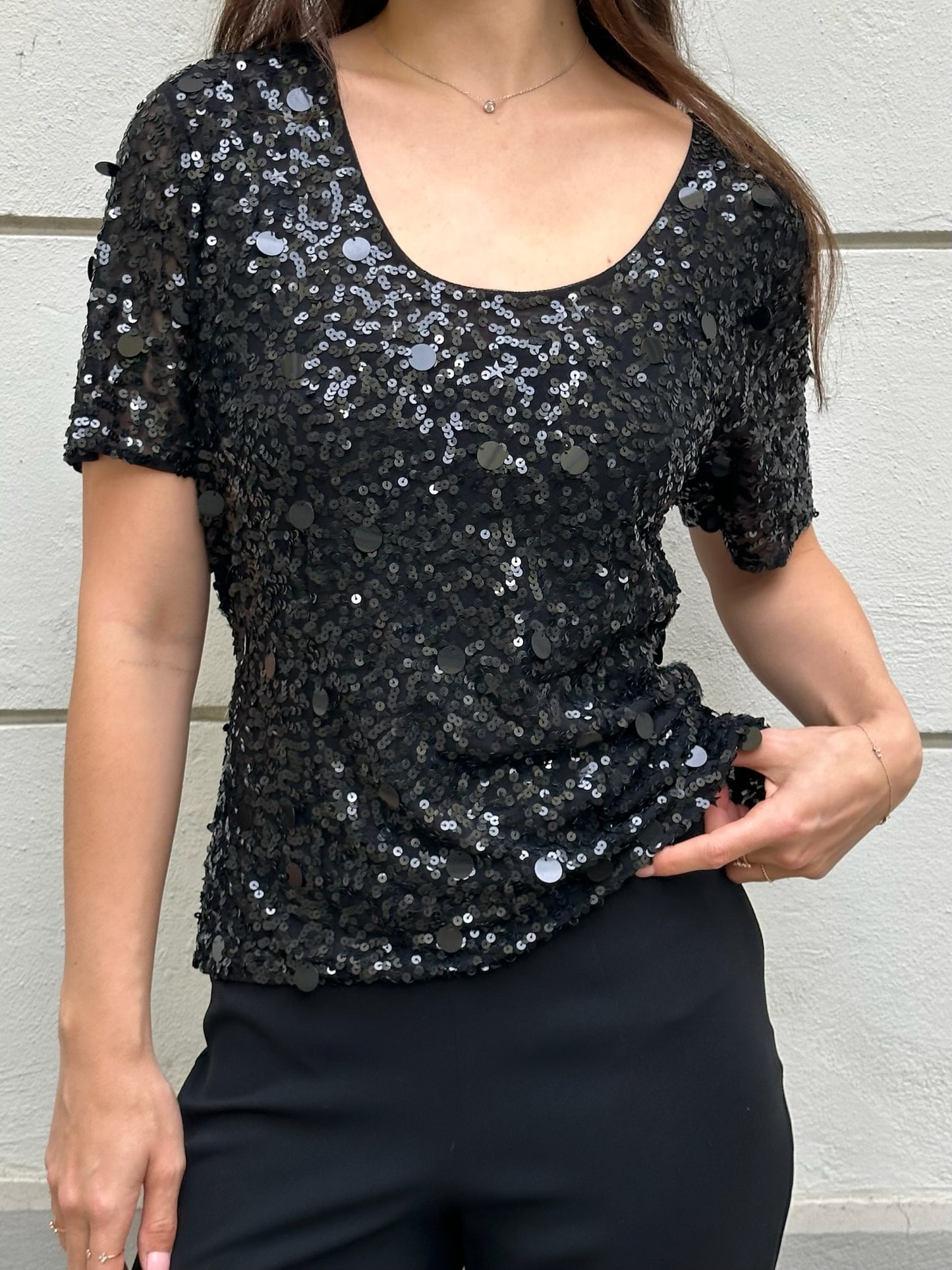 Vintage 100% Viscose Black Sequin Top M