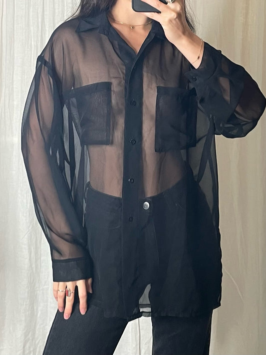 Vintage Sheer Black Button Down Long Sleeve Blouse M