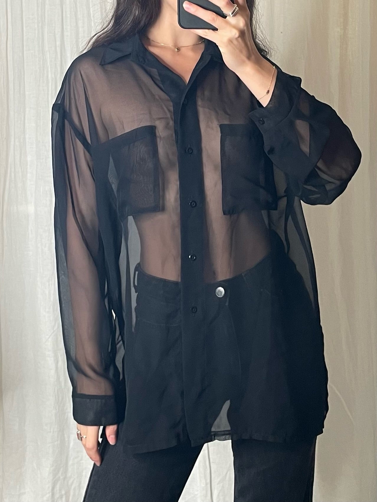 Vintage Sheer Black Button Down Long Sleeve Blouse M