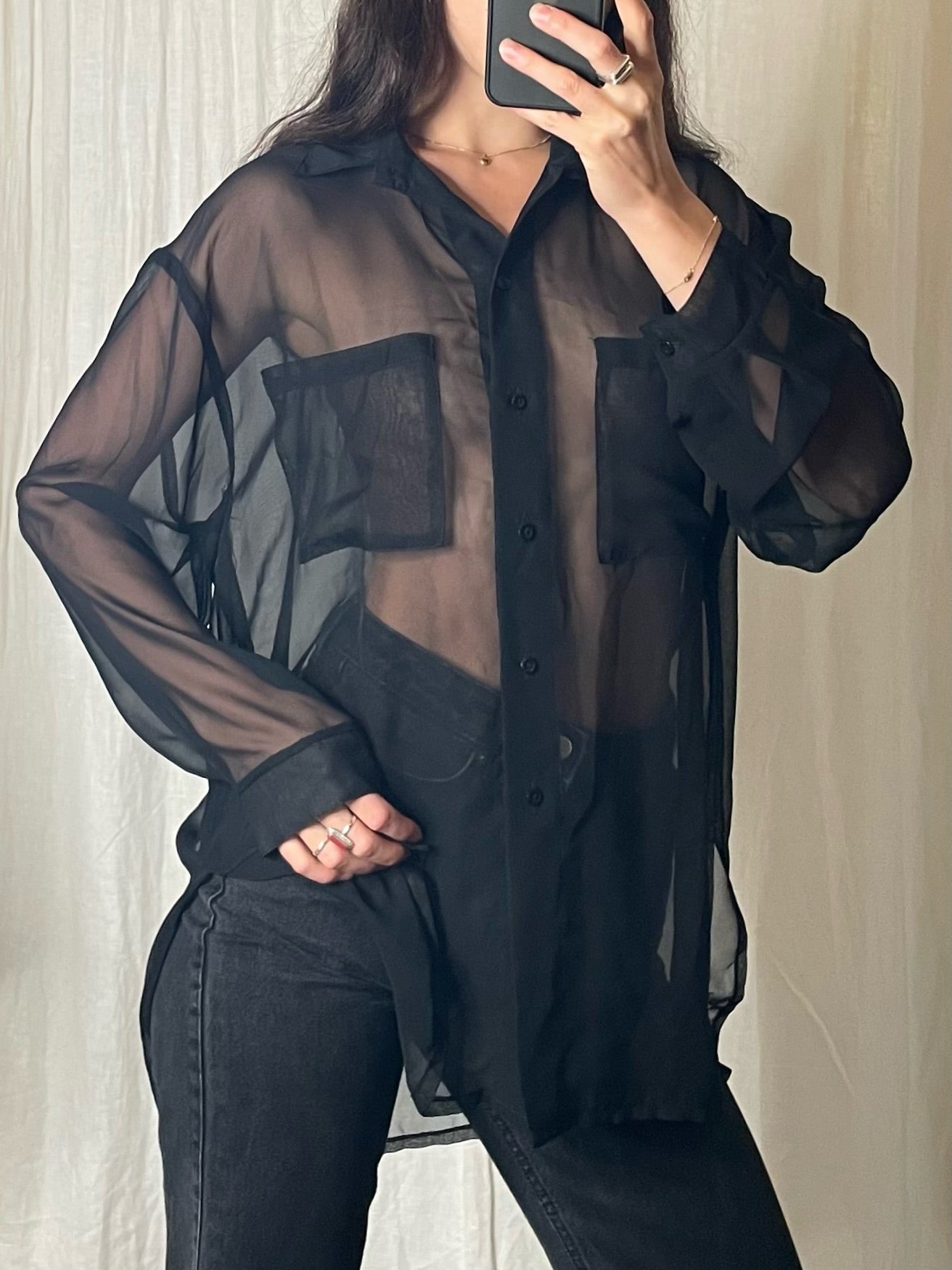 Vintage Sheer Black Button Down Long Sleeve Blouse M