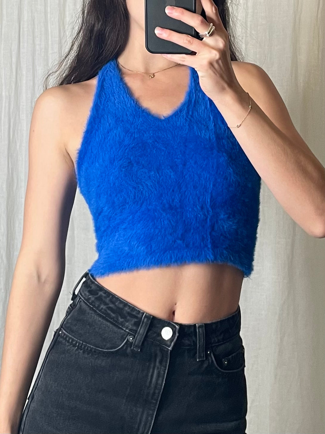 Vintage Blue Fuzzy Halter Top S