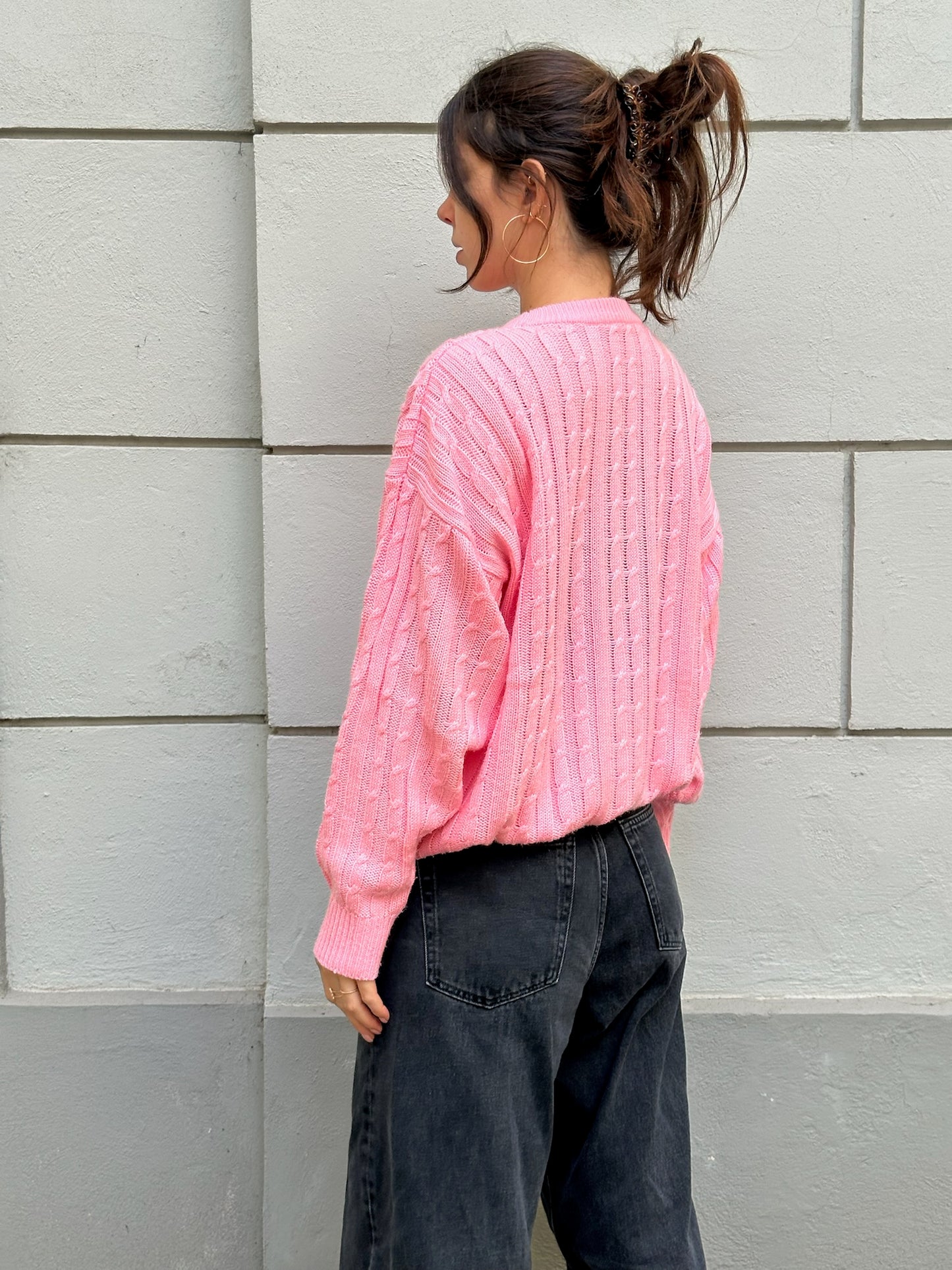 Vintage Pink Cable Knit Pullover Sweater M