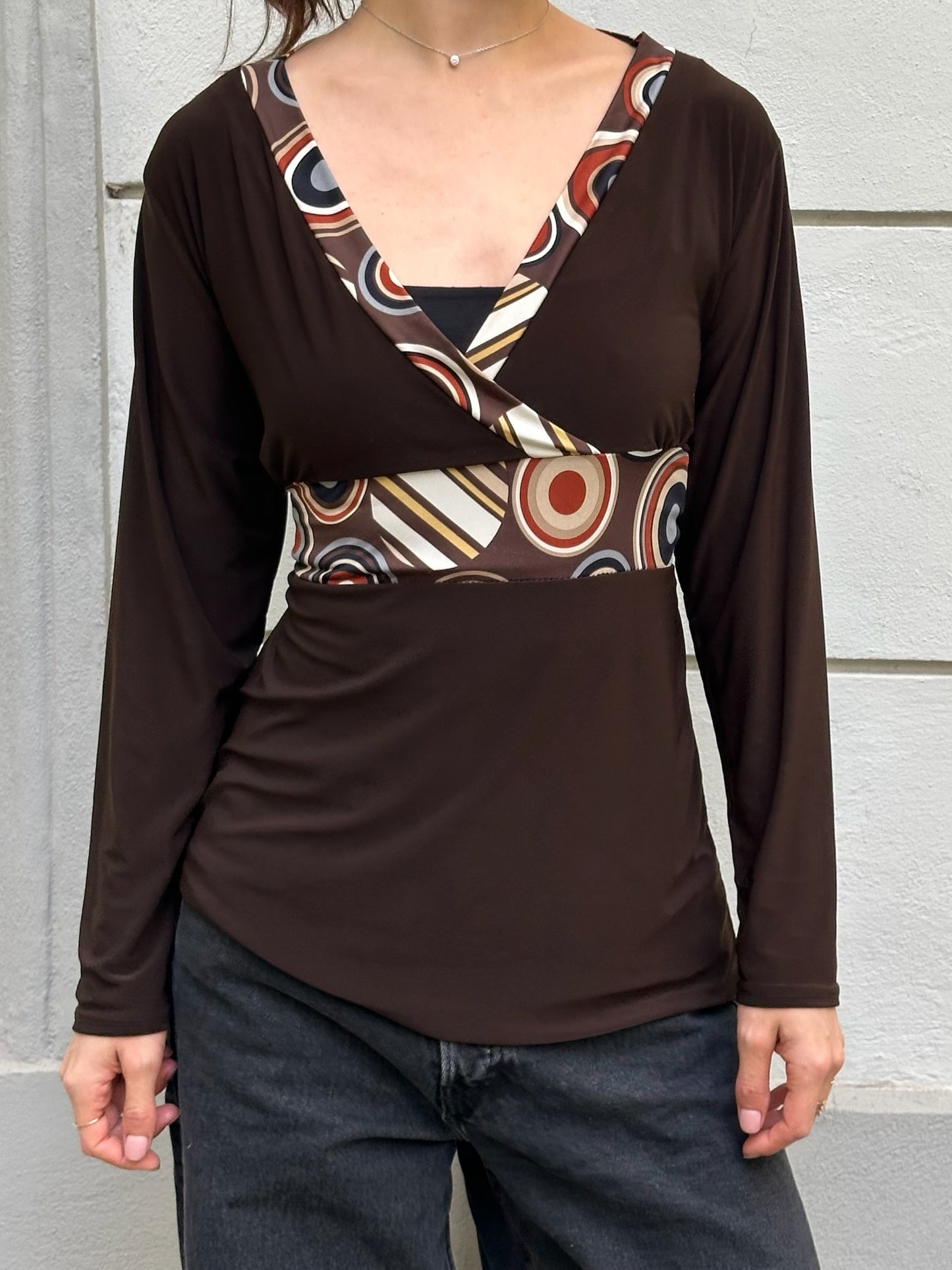 Vintage Viscose Y2K Brown Retro Print Detail V-Neck Tie Back Baby Doll Top M