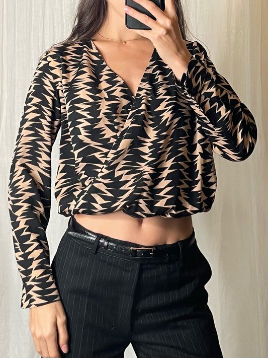 Black & Khaki Printed Crossover Cropped Blouse S/M