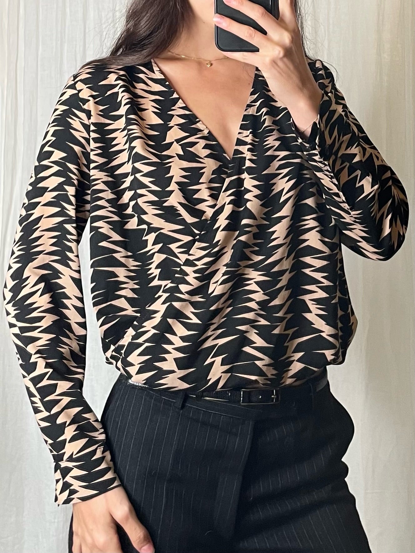 Black & Khaki Printed Crossover Cropped Blouse S/M