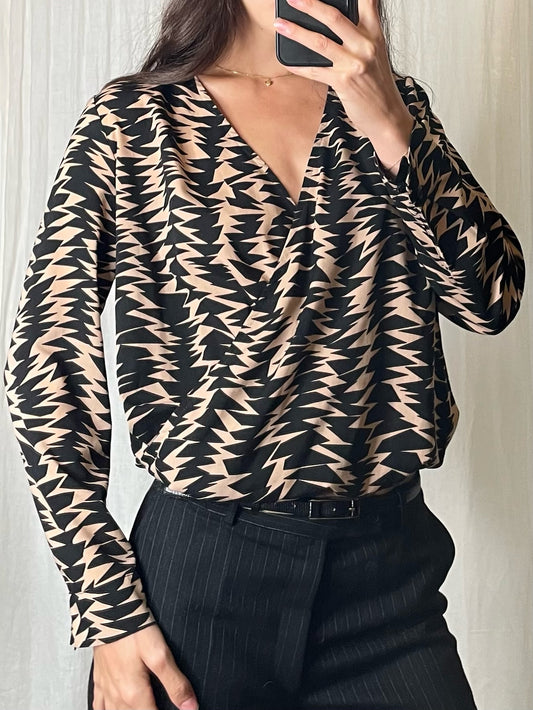 Black & Khaki Printed Crossover Cropped Blouse S/M