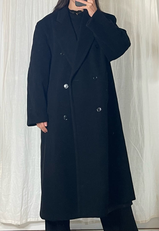 Vintage Black 100% Wool Maxi Coat L