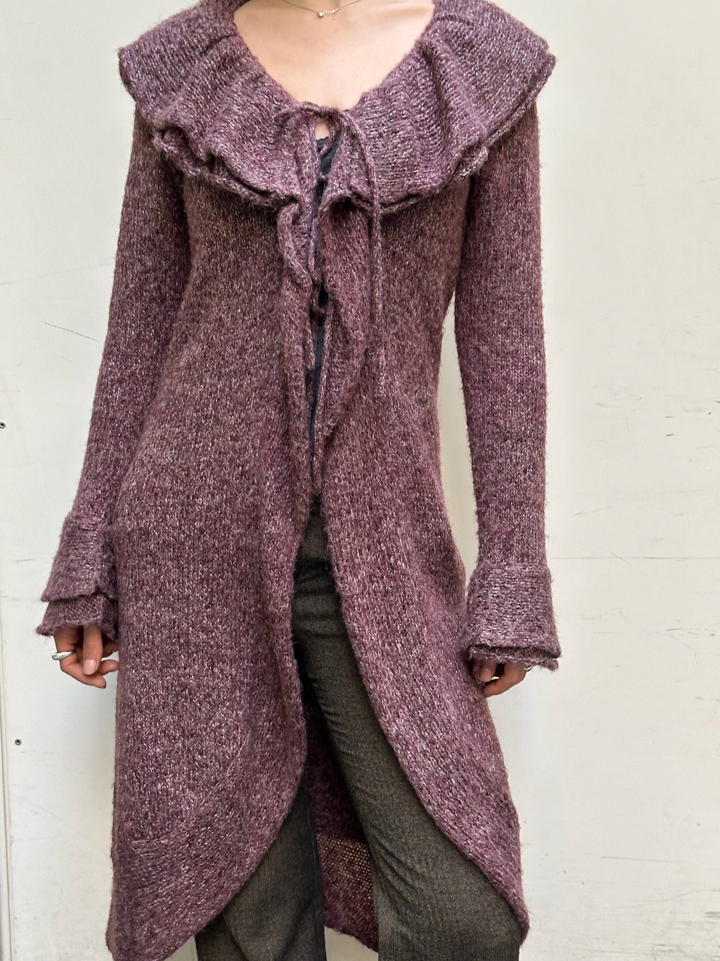 Vintage Wool/Mohair Purple Ruffle Tie Front Cardigan M