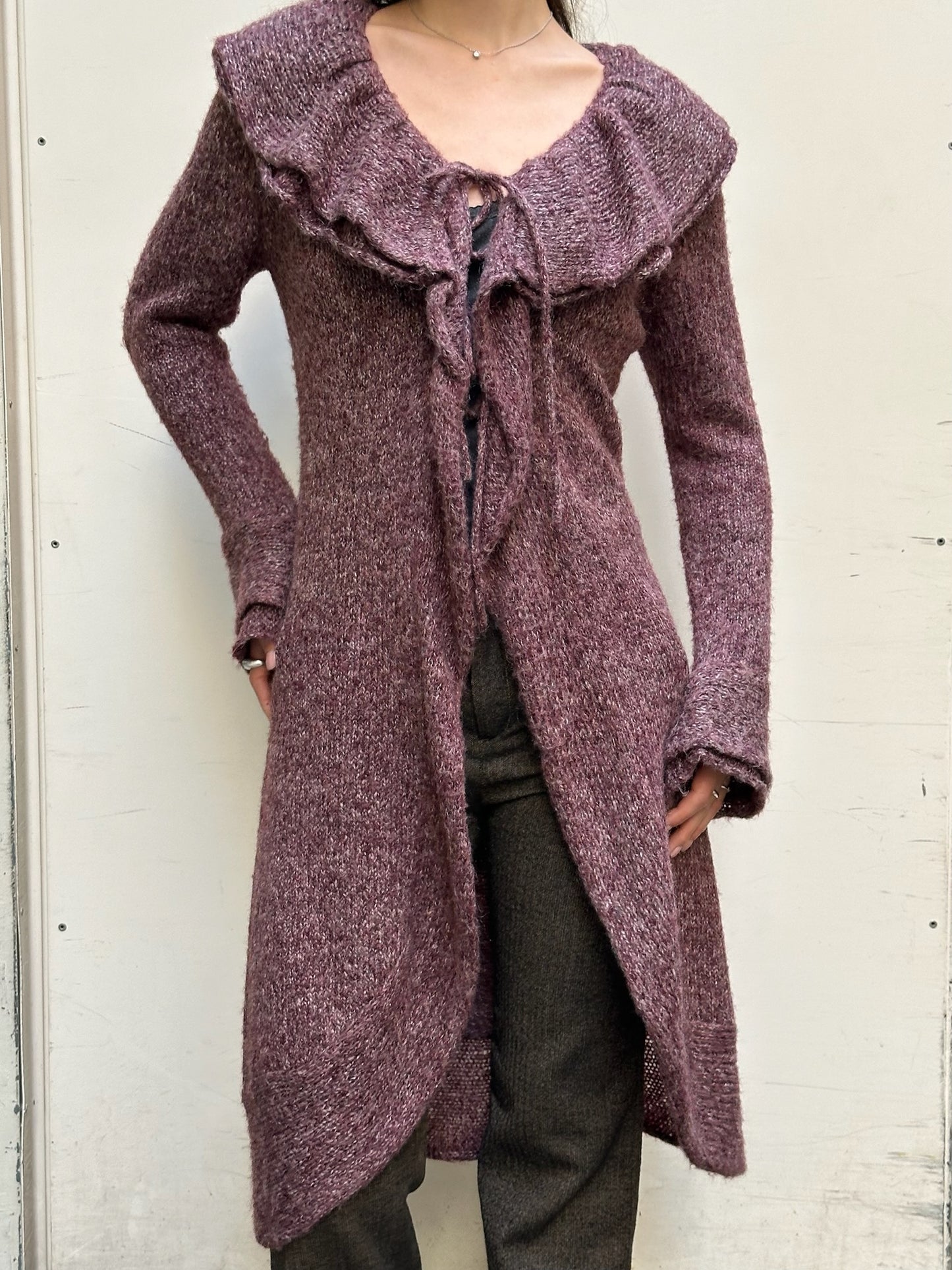Vintage Wool/Mohair Purple Ruffle Tie Front Cardigan M