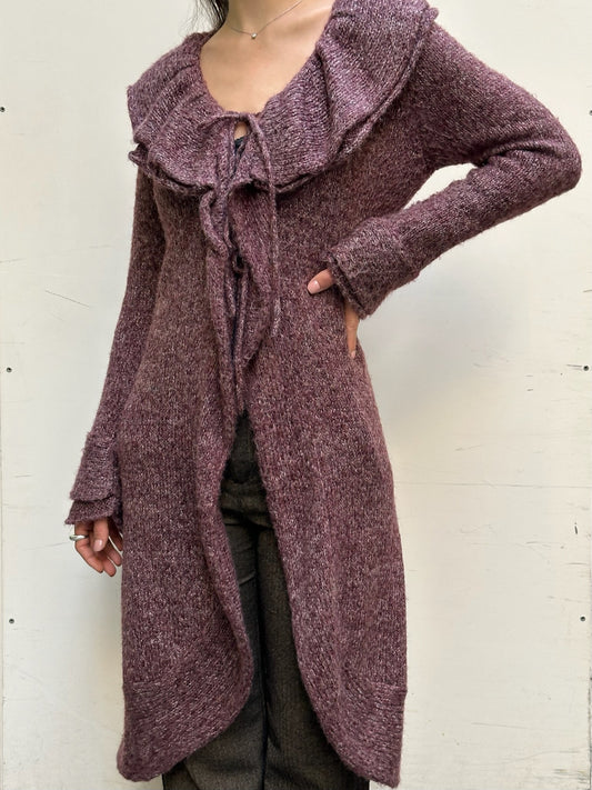 Vintage Wool/Mohair Purple Ruffle Tie Front Cardigan M