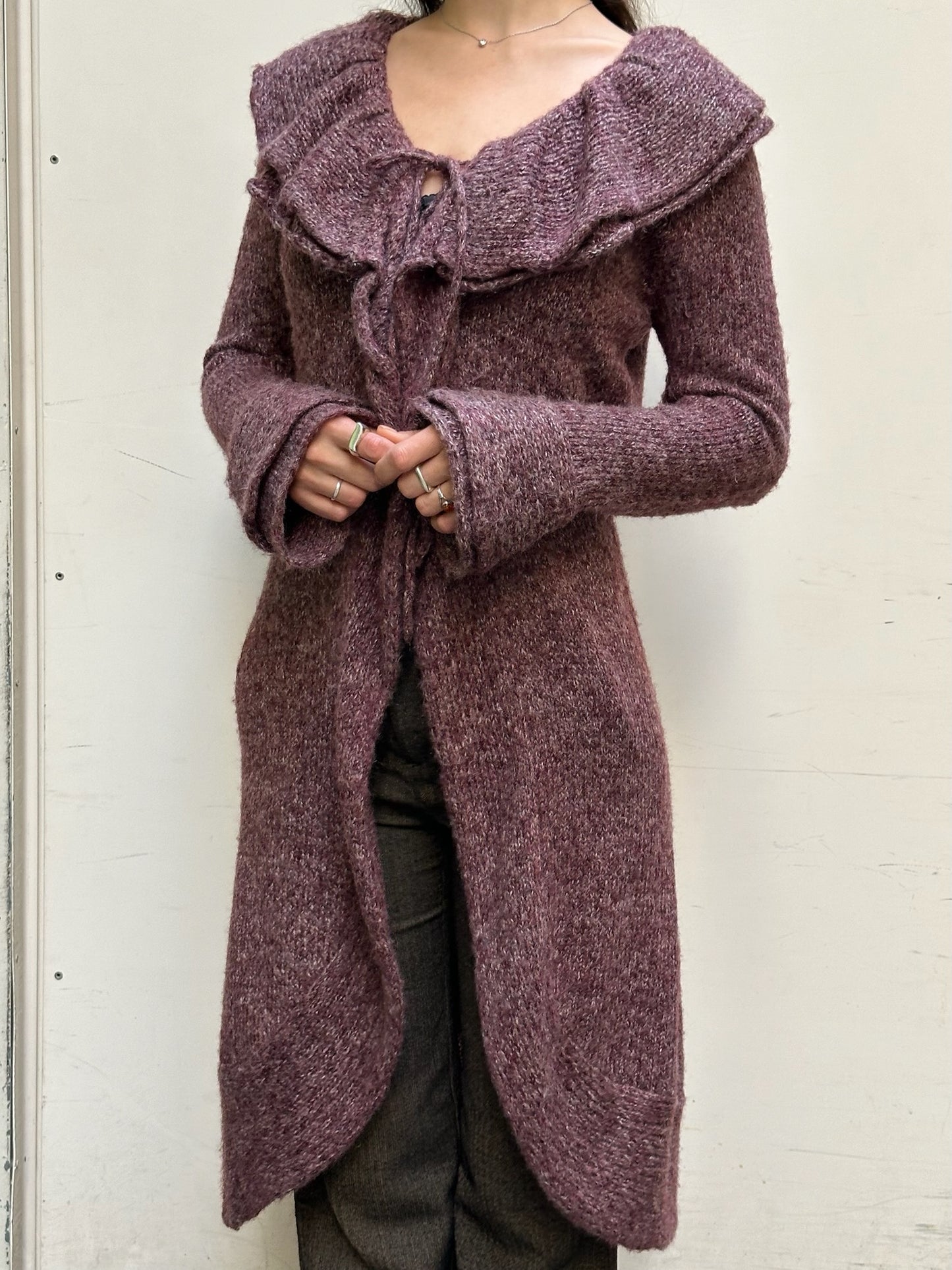 Vintage Wool/Mohair Purple Ruffle Tie Front Cardigan M