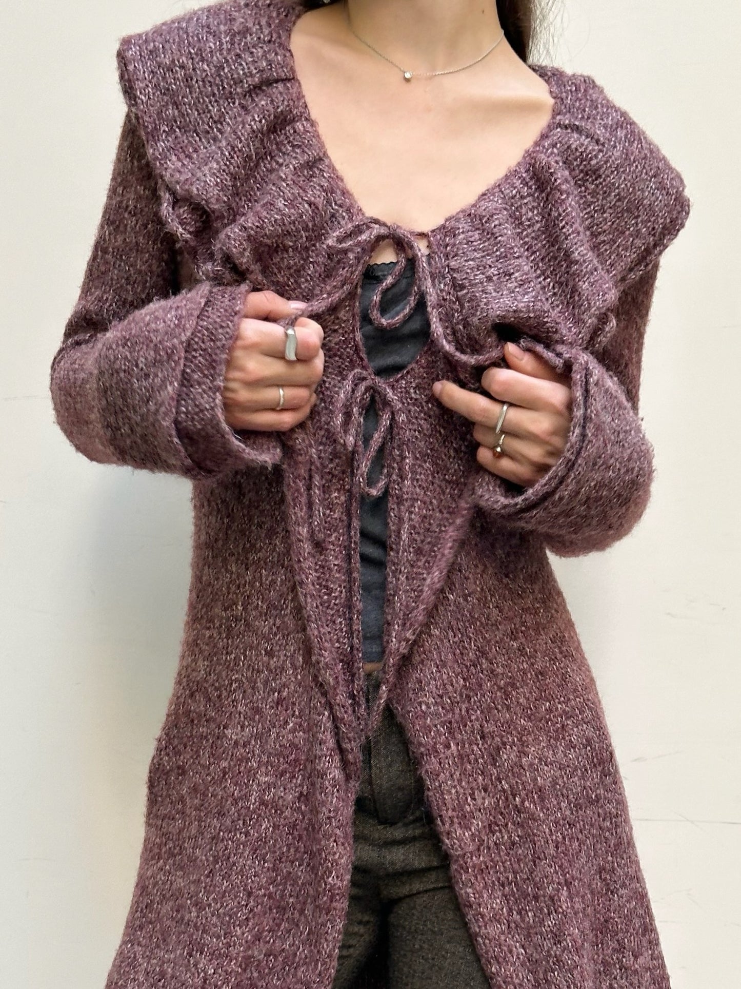 Vintage Wool/Mohair Purple Ruffle Tie Front Cardigan M