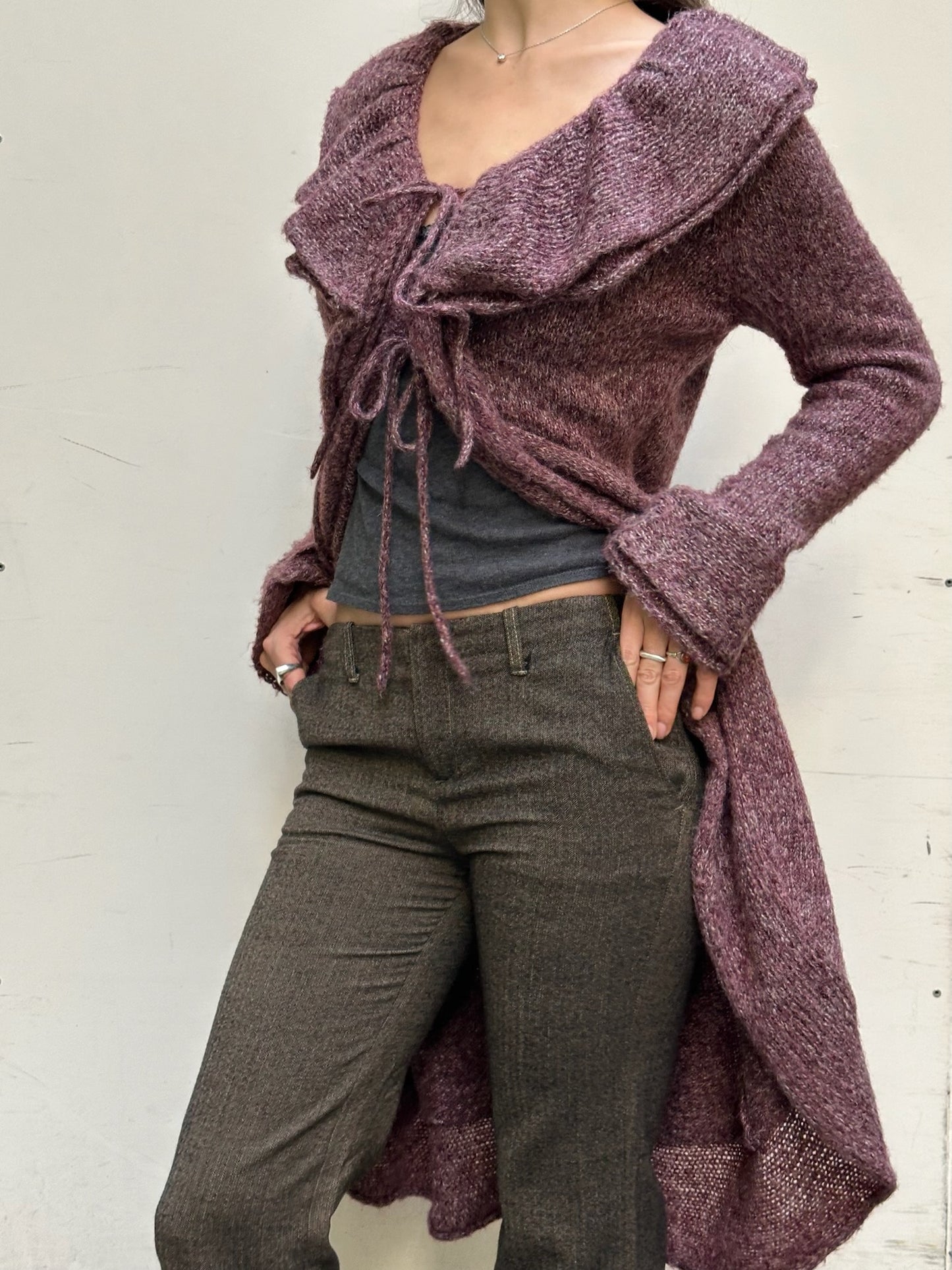 Vintage Wool/Mohair Purple Ruffle Tie Front Cardigan M