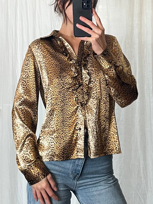 Vintage Cheetah Button Down Ruffle Front Blouse S