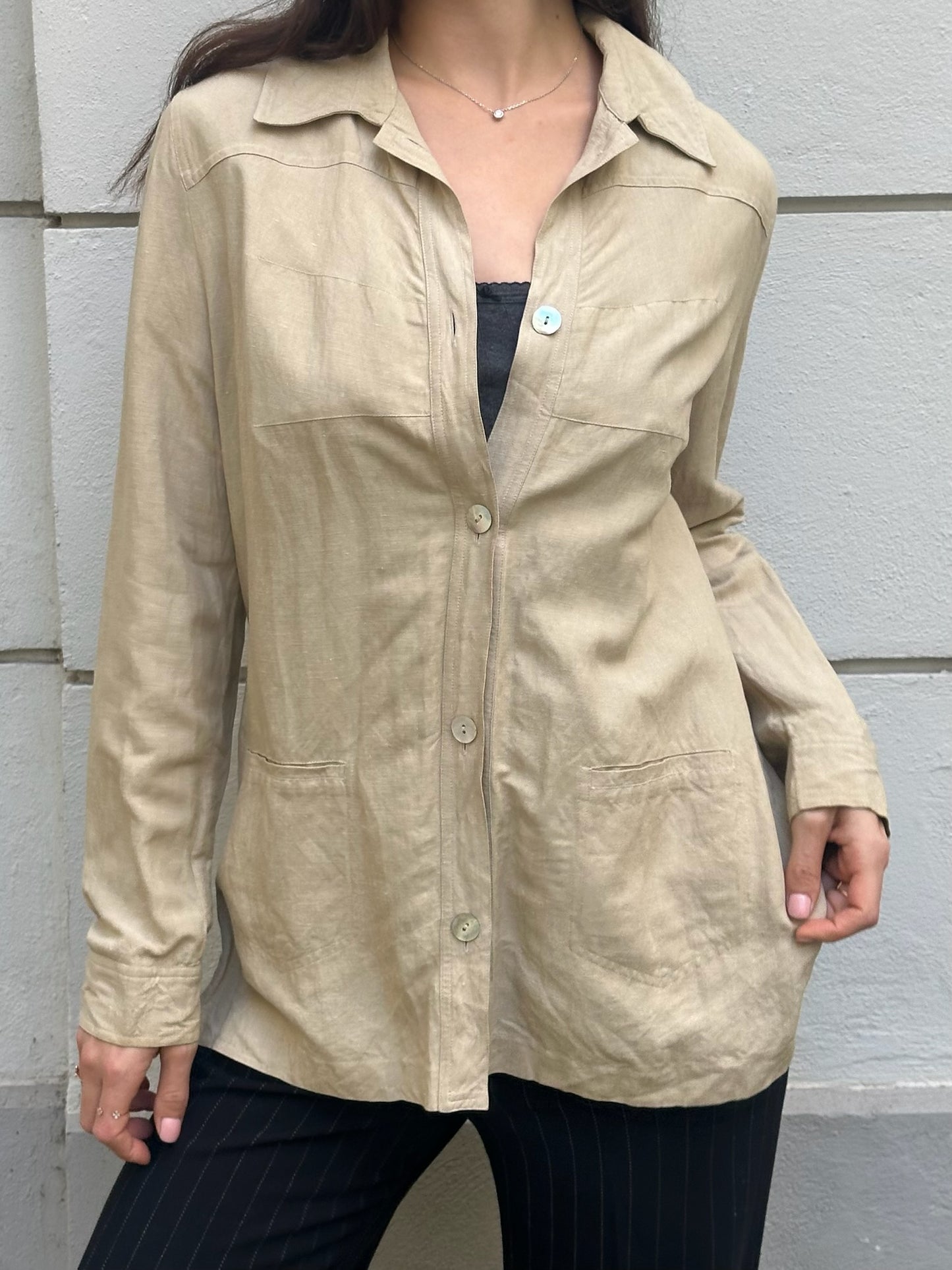 Vintage Beige Button Down Blouse S/M