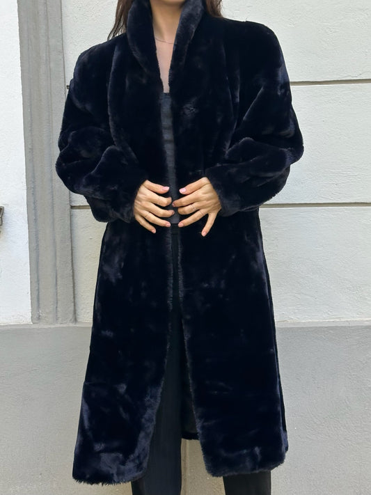 Vintage Dark Navy Blue Faux Fur Teddy Coat M/L