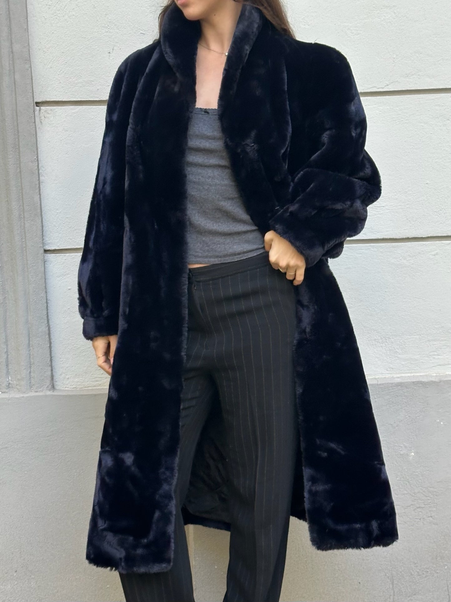 Vintage Dark Navy Blue Faux Fur Teddy Coat M/L