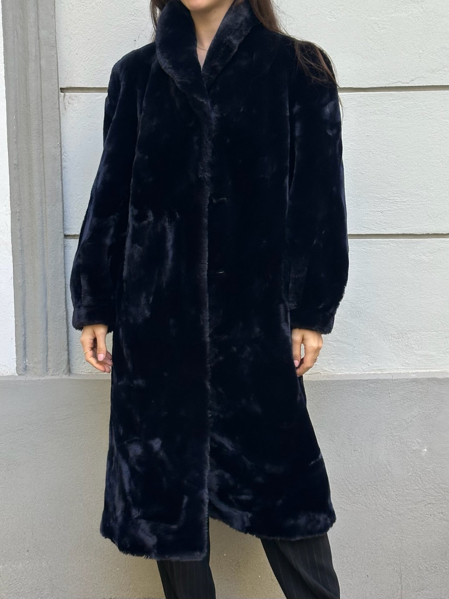 Vintage Dark Navy Blue Faux Fur Teddy Coat M/L