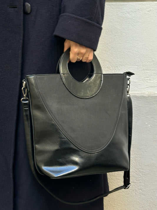 Vintage Faux Leather Black Double Texture Hand/Crossbody Bag M