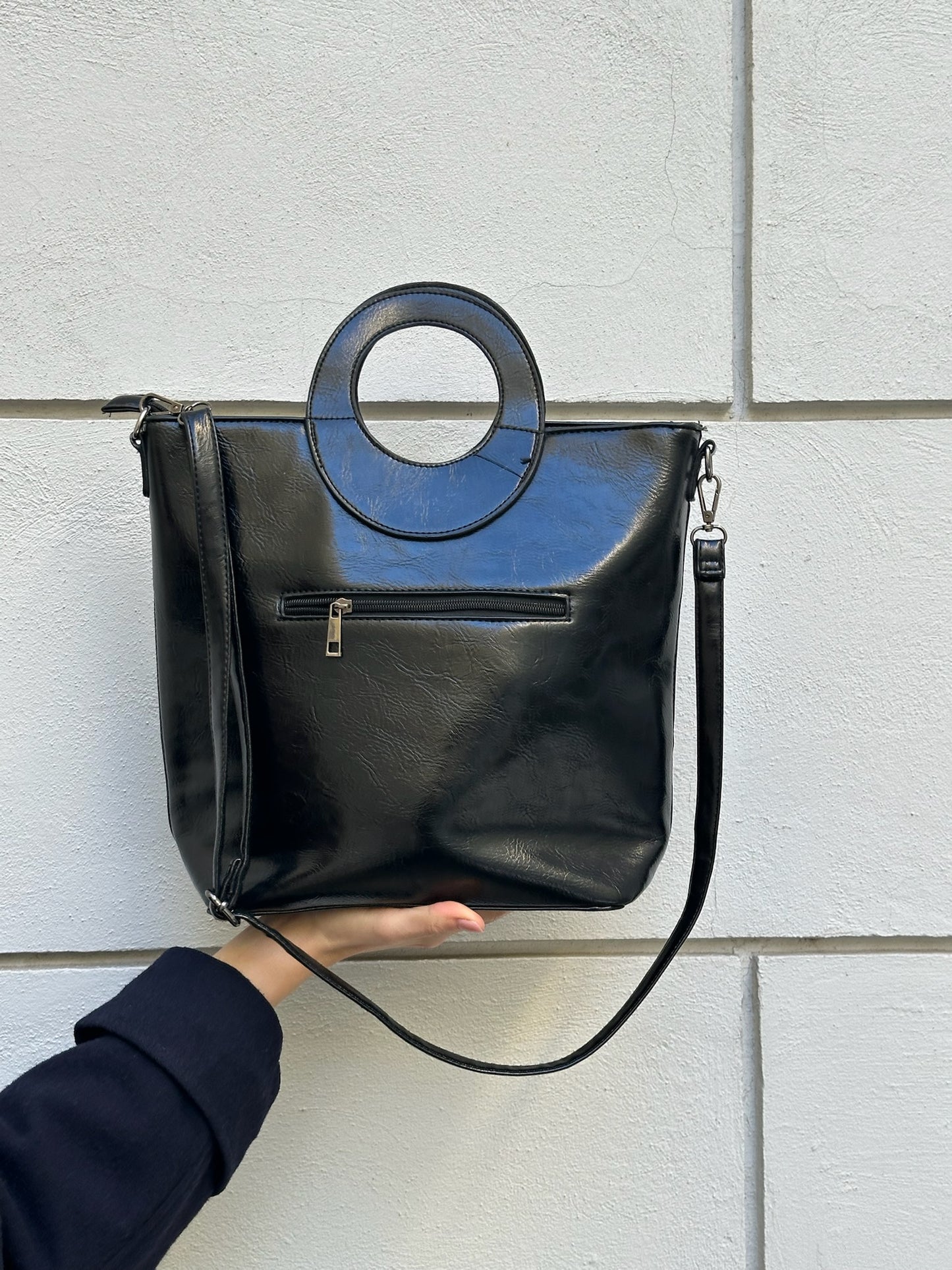 Vintage Faux Leather Black Double Texture Hand/Crossbody Bag M