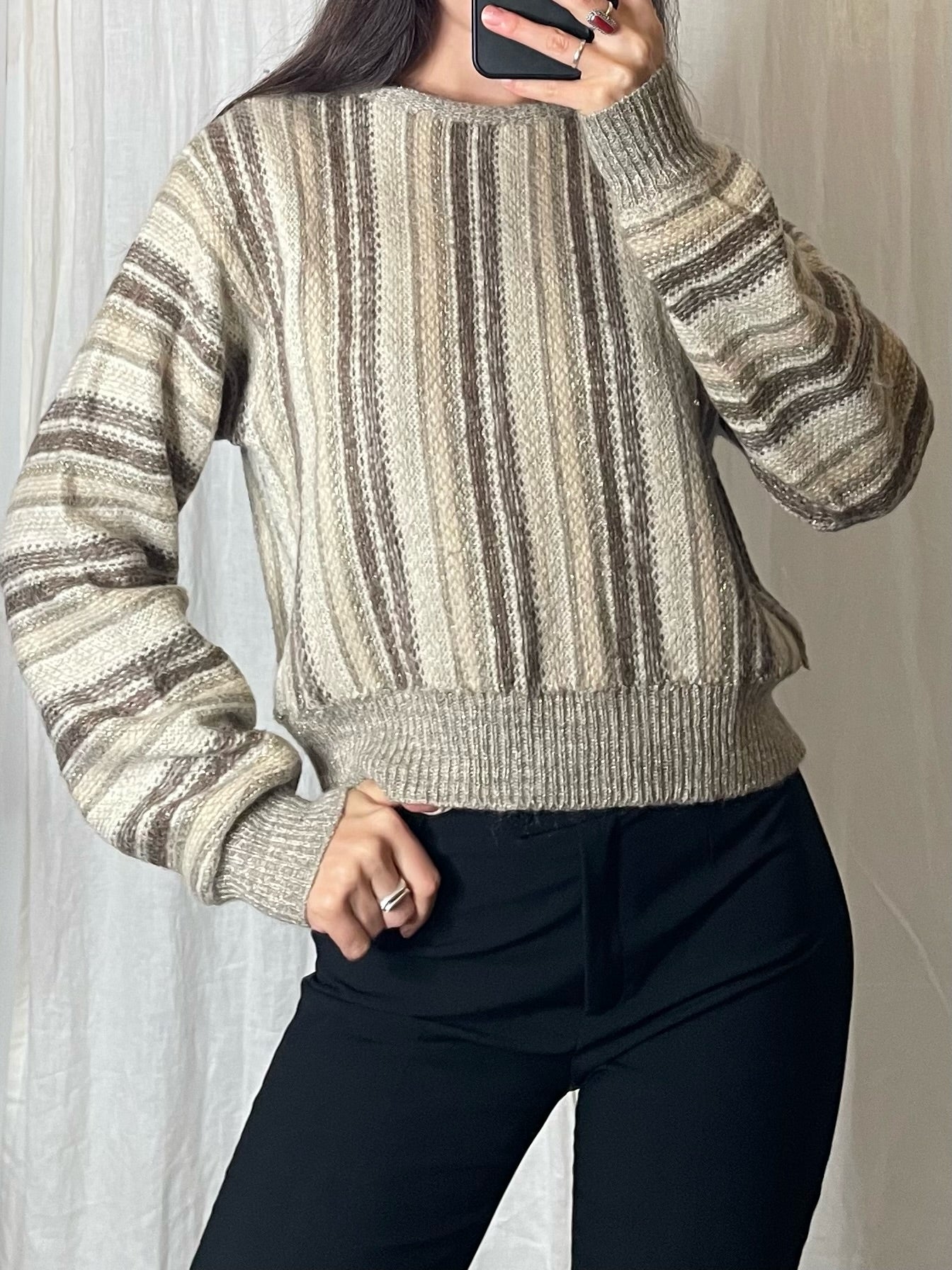 Vintage Cream/Taupe Stripe Metallic Pullover Sweater S/M