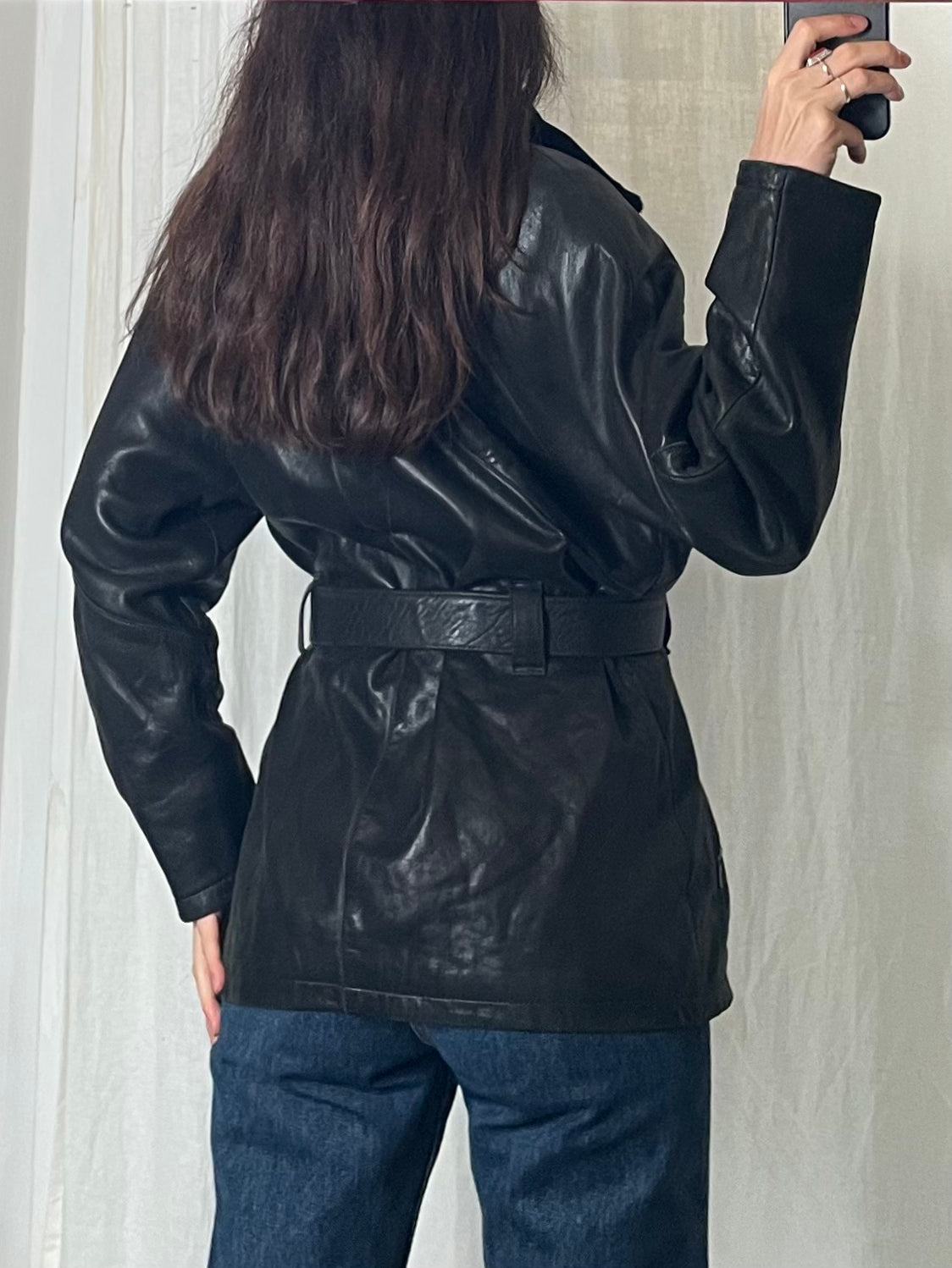 Vintage Black 100% Genuine Napa Leather Faux Fur Trim Belted Jacket S