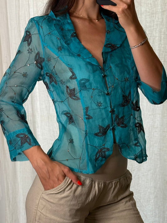 Vintage Turquoise Sheer Organza Embroidered Top S