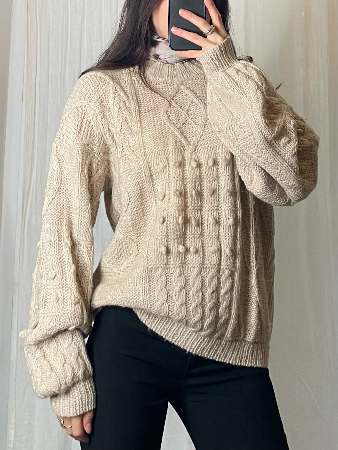 Vintage 100% Wool Cable Knit Cream Sweater M