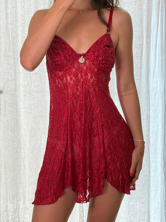 Red Lingerie Lace Mini Dress S