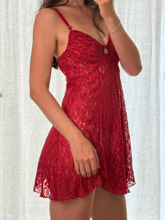 Red Lingerie Lace Mini Dress S