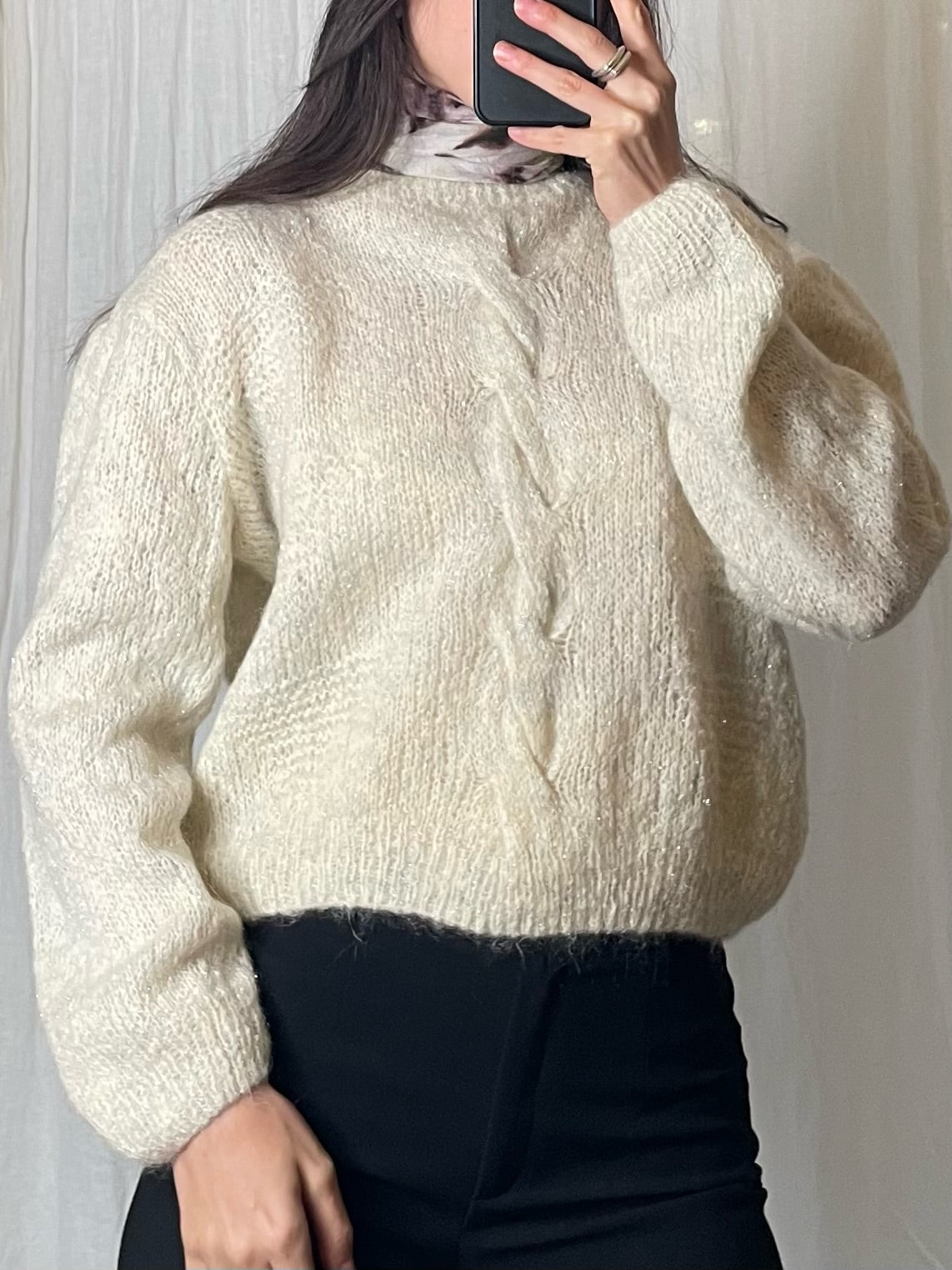 Vintage Cream & Silver Thread Cable Knit Wool/Mohair Chunky Sweater S/M