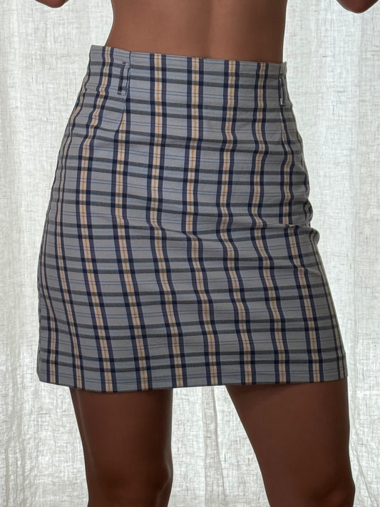 Vintage Baby Blue Plaid High Waisted Mini Skirt S