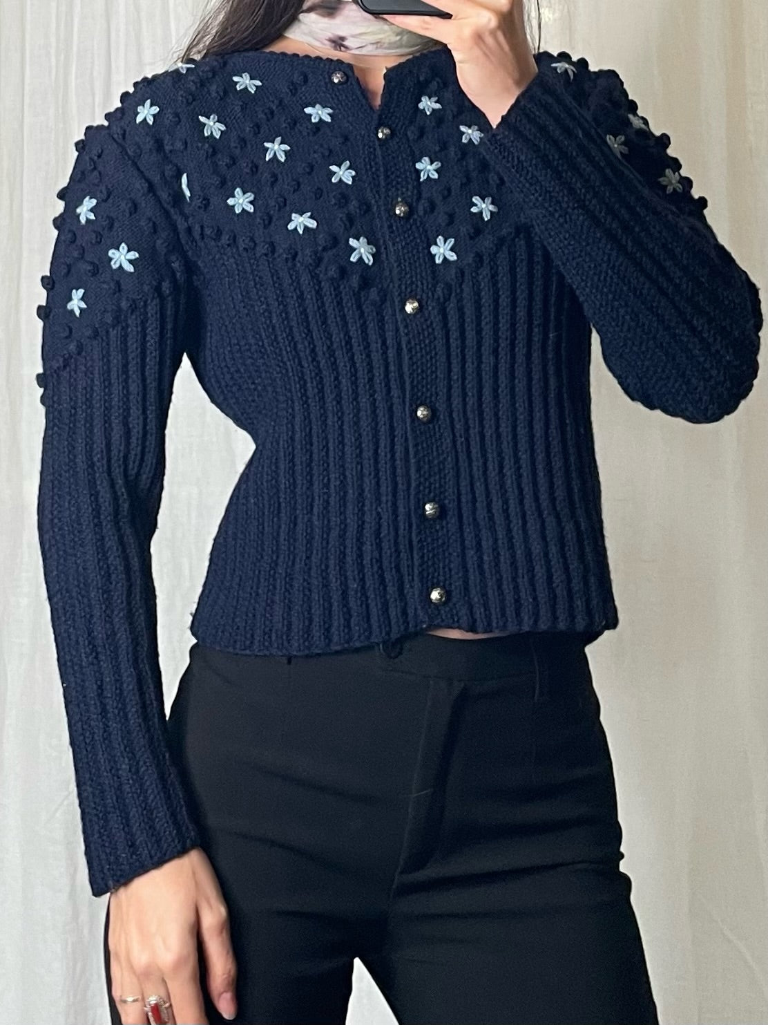 Vintage Navy Handmade Blue Floral Pom Pom Sweater Cardigan S