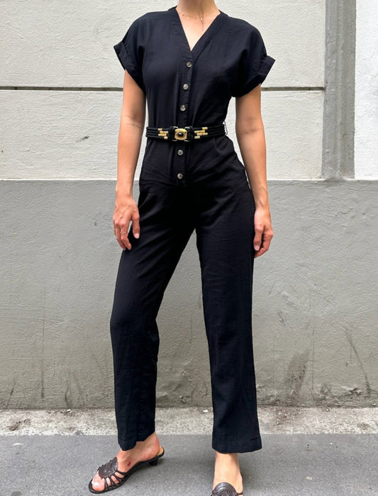 Black Button Down Jumpsuit With Belt S (Petite)