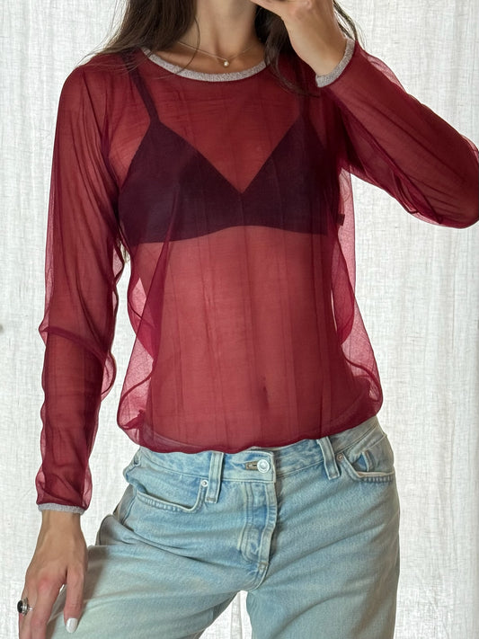 Vintage Y2K Red Sheer Long Sleeve Top S